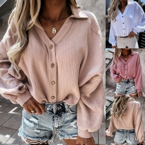 Fashion Solid Color Lantern Sleeve V-neck Single-breasted Shirt