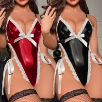 Sexy Artificial Leather Lace Spliced Lingerie Bodysuit for Party or Holloween