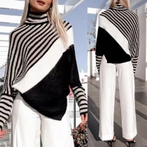 Fashion Stripe Printed Mock Neck Bat Sleeve Irregular Hemline Knitted Sweater