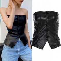 Sexig axelbandslös enfärgad PU-lädertopp med slim fit och frontknappar