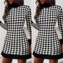 Mode Houndstooth Tryckt Mockneck Långärmad Bodycon Klänning