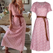 Fashion Short Sleeve V-neck Cactus Printed Pink Dress with Waistband