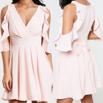 Sexy Off-shoulder Lotus Sleeve V-neck High Waist Solid Color Dress