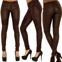 Mode Solid Färg Sammanfogade Multiplayer Dragkedja PU Slim Fit-byxor