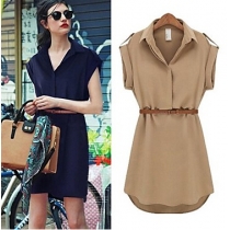 Women's Lapel Chiffon Cap Stretch Sleeve Shirt Mini Belted Dress