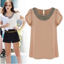 Beaded Neckline Ruffle Shoulder Chiffon Blouse