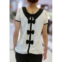 Sweet Girl Bowknot Peter Pan Collar Lace Blouse Top 