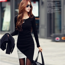 Fashion Contrast Color Round Neck Long Sleeve Irregular Hem Dress