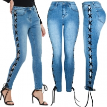 Gatustil Sidoknytning Tvättade Slim Fit Denim Jeans
