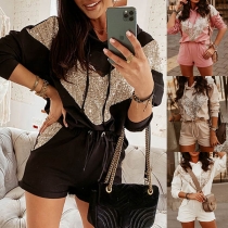 Fashion Sequin Spliced Long Sleeve Hooded Sweatshirt + Shorts Two-piece Set