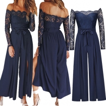 Mode Spets Skarvad Scoop Neck Långärmad Self-tie Slit Jumpsuit