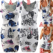 Fashion Sleeveless Round Neck Slim Fit Printed Dress(The size runs small)