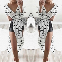 Fashion Long Sleeve Slit Hem Long-style Printed Shirt