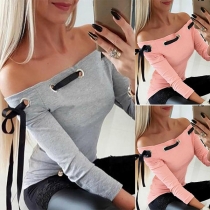 Sexy Lace-up Boat Neck Long Sleeve Slim Fit T-shirt