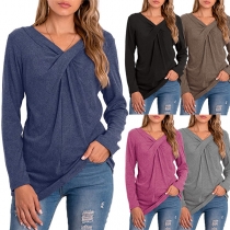 Fashion Solid Color Long Sleeve Twisted V-neck T-shirt