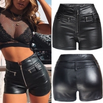 Modehög midja Slim Fit Enfärgade PU-lädershorts