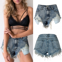 Vintage Heavily Distressed Raw-edge Denim Hot Shorts