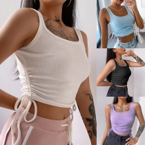 Sexy U-neck Side-drawstring Solid Color Crop Top