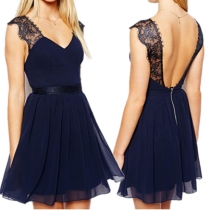 Blue Fringed Low Cut Open Back Bodycon Slip Dress 