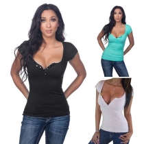Kortärmad enfärgad T-shirt med sexig djup V-ringning