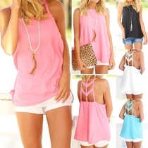 Sexy Backless Sleeveless Round Neck Solid Color Chiffon Tops