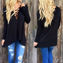 Fashion Solid Color V-neck Irregular Hem Hooded T-shirt