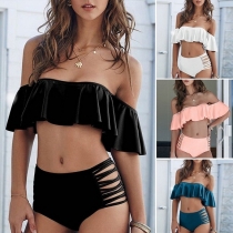 Sexig Mode Enfärgad Off-Shoulder Volang Tvådelad Bikini Baddräkt