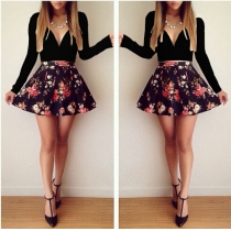 Sexy Deep V-neck Floral Print Long Sleeve Black Dress