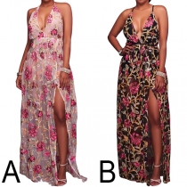 Sexy Backless Deep V-neck Slit Hem Embroidered Party Dress