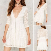Sexy Deep V-neck Half Sleeve High Waist Lace Dress