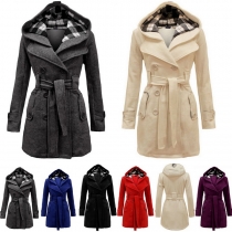 Mode Enfärgad Dubbelknäppt Hooded Woolen Coat