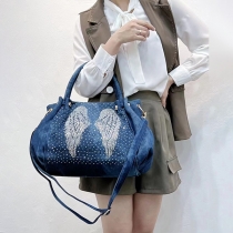Fashion Denim Messenger Bag med Rhinestone Wing Design